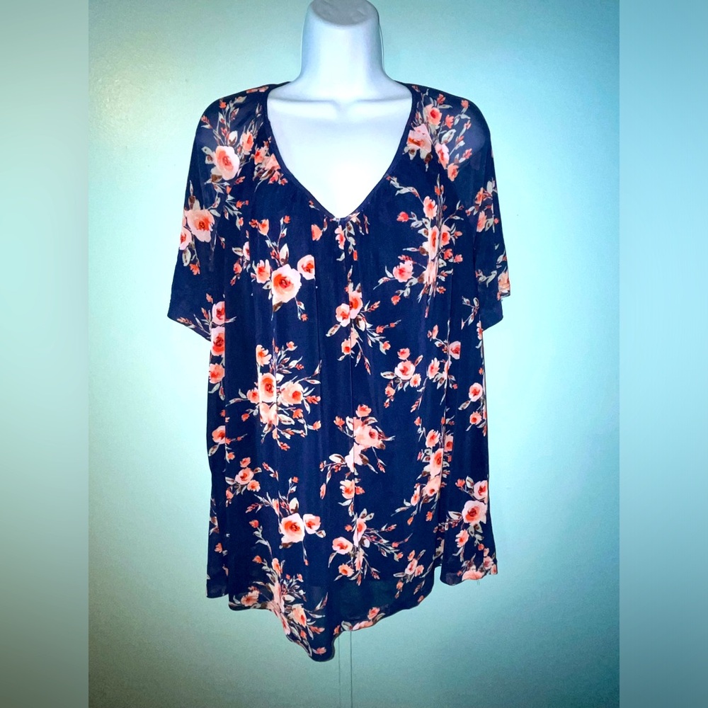 Siren Lily Blouse Blue Floral‎ Print Size 2X